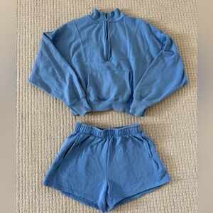 Yogalicious Cozy Retreat Half Zip Sweatshirt & Shorts Set XS Blue Fleece